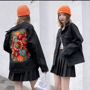 Black Denim Floral Embroidered Oversized Jacket